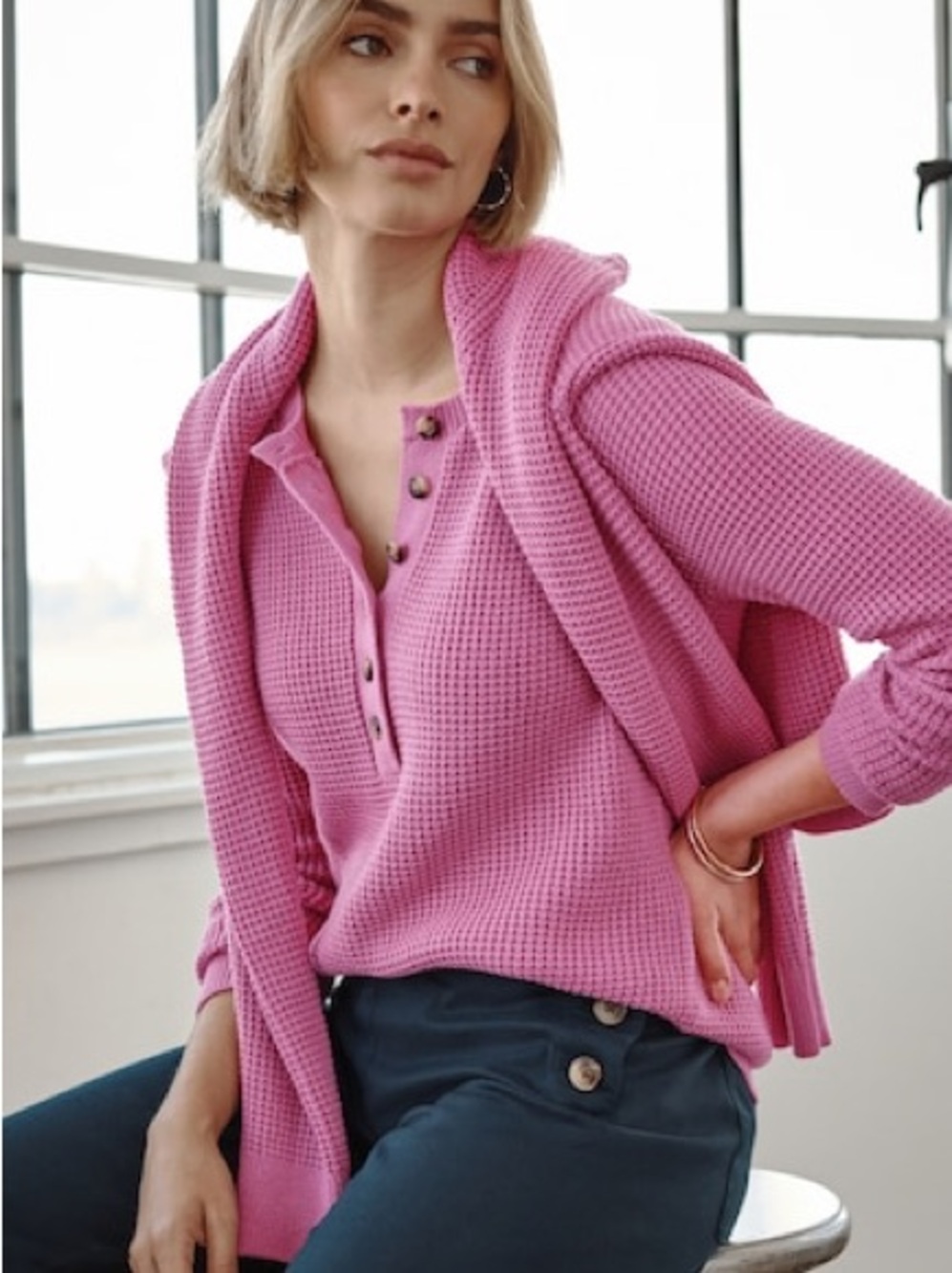 J. Jill Pink Waffle-Knit Henley Sweater